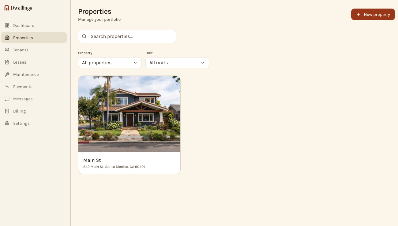 The Dwellings dashboard showing a property portfolio overview